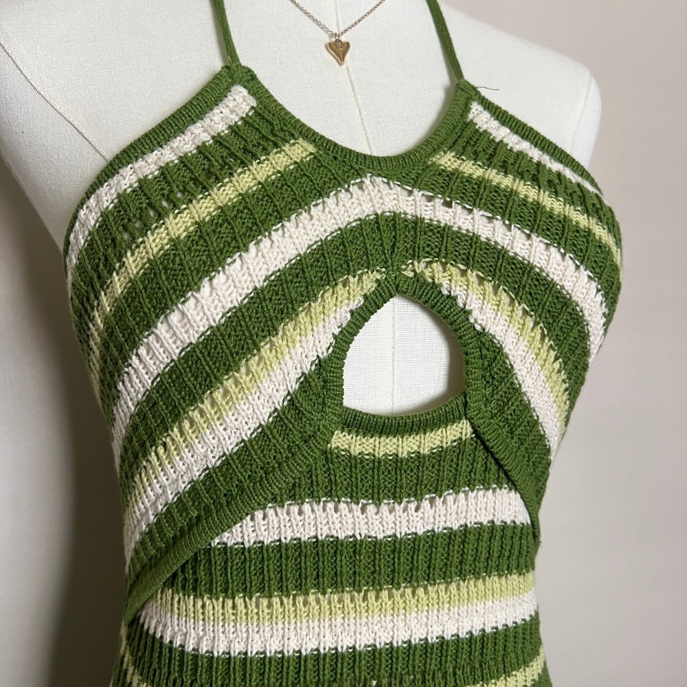 Sincerely Jules Green Striped Crochet Halter Midi Dress Keyhole Cutout Size M - Picture 4 of 9